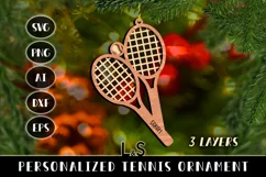 Laser cut Christmas ornament svg template with layered tennis rackets and ball
