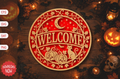 Welcome with Cat, Pumpkins &amp; Moon SVG Product Image 1