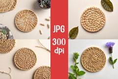 4 lat lay of a small round woven mat, centered on neutral Product Image 1