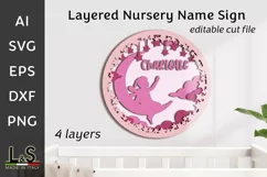 Layered baby girl name sign svg cut file with 3D fairy on the moon and customizable name