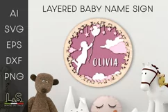 3D kids name sign svg file for laser cut with layered girl holding balloon in the sky and customizable name