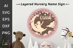 Layered nursery sign svg file for laser cutting with 3D fairy on the moon and customizable baby name