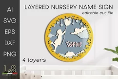 Layered nursery sign svg file for laser cutting with 3D girl holding balloon in the sky and customizable baby name