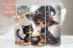 Witch Girl Tumbler PNG, Halloween Cat 20oz Wrap Design Product Image 1