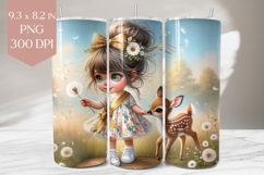 Cute Girl and Deer Tumbler PNG, Floral Kids Sublimation Wrap Product Image 1