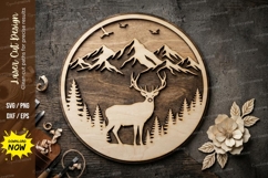 Deer Mountain Forest Scene Round Laser Cut SVG Product Image 1