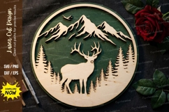 Deer Mountain Forest Round Frame Laser Cut SVG Product Image 1