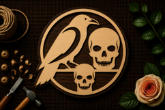 Raven and Skull Circle Art Laser Cut SVG File raven svg, sku Product Image 1
