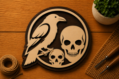 Crow and Skull Round Ornament Laser Cut SVG File crow svg Product Image 1