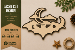 Bat Moon Clouds Laser Cut SVG Design bat moon svg, halloween Product Image 1