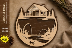 Lakeside Cabin Landscape Laser Cut SVG Design cabin lake svg Product Image 1