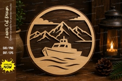 Mountain Boat Laser Cut SVG File mountain boat svg, lake sce Product Image 1