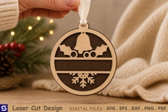 3D Christmas Bell Holly Snowflake Split Monogram Ornament Product Image 1