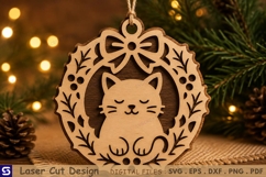 3D Christmas Sleeping Cat Wreath Ornament Laser Cut File Product Image 1
