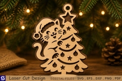 3D Christmas Cat Hugging Tree Ornament Laser Cut File Product Image 1