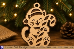 3D Christmas Cute Cat Candy Cane Ornament Laser Cut File Product Image 1
