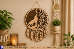 3D Howling Wolf Moon Dreamcatcher Wall Hanging Laser Cut Product Image 1