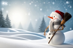 A cheerful snowman holding a broom, wearing a knit hat Product Image 1