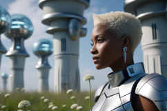 A futuristic warrior woman in high-tech armor standing Product Image 1