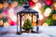 A snowy Christmas lantern with a miniature tree and lights Product Image 1