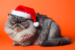 Grumpy Persian cat wearing a Santa hat on an orange Product Image 1