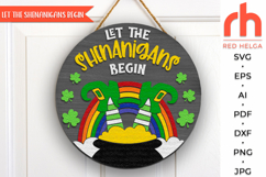 let the shenanigans begin svg, st patricks day hanging sign svg, beer hanger svg, irish door sign, laser cut file, shamrock sign svg, leprechaun sign svg, layered sign svg, welcome sign svg, pot of gold svg, rainbow sign svg, leprechaun leg svg