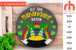 let the shenanigans begin svg, st patricks day hanging sign svg, beer hanger svg, irish door sign, laser cut file, shamrock sign svg, leprechaun sign svg, layered sign svg, welcome sign svg, pot of gold svg, rainbow sign svg, leprechaun leg svg