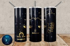 Libra zodiac tumbler wrap sublimation design with Gold zodiac sign symbols on black background. 20 oz skinny tumbler full wrap png file for download.