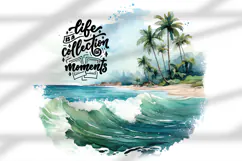 beach, tropical island, ocean, sea, palm trees, tropical paradise, vacation, travel, tourism, summer, tropical beach, exotic destination, island, waves, resort, watercolor illustration, digital art