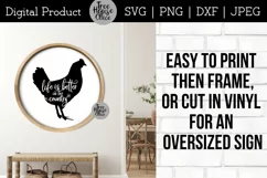 Country Life Quote inside a rooster shown in a round frame as a cricut or silhouette vinyl project example.   Available in SVG, PNG, DXF, and JPEG format.  