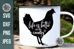 Country Life Quote inside a rooster on a white camping mug as a cricut or silhouette vinyl project example.   Available in SVG, PNG, DXF, and JPEG format.  