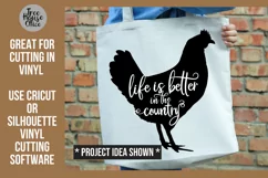 Life is Better in the Country Quote inside a rooster on a white tote bag as a cricut or silhouette vinyl project example.   Available in SVG, PNG, DXF, and JPEG format.  