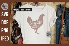 Country Life Quote inside a rooster on a white shirt as a cricut or silhouette project example.   Available in SVG, PNG, DXF, and JPEG format.  
