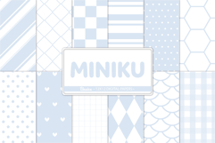 Set of 12 light blue digital papers with minimalist geometric and heart patterns, perfect for baby and nursery scrapbooking.