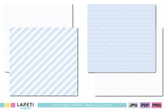 Soft blue striped and heart pattern papers with delicate white background, ideal for minimalist printable crafts.
