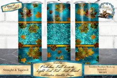 This is a peekaboo tumbler wrap sized to fit 20oz skinny tumblers, this is a seamless tumbler design that features a light foil background and peekaboo fall leaves with a teal glitter band. That can all be easily resized to fit other sublimation tumblers