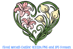 Lily Floral Flower Graphic Outline Heart Wreath Clipart Colour PNG