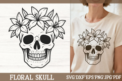 Sophisticated skull with lily flower crown and leaves in clean black line art, elegant gothic floral vector for sympathy cards, dark apparel and memorial prints