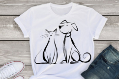 Cat and Dog line art Illustration, Black Silhouette T-shirt Product Image 1