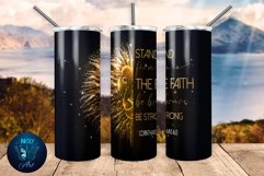 gold lion bible  verse tumbler sublimation designs with quote &quot;Stay firm in the Faith, be Strong, Be Brave&quot; on black background. 20 oz skinny tumbler full wrap png files for download.