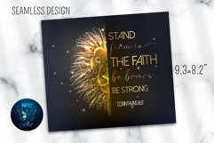 gold lion bible  verse tumbler sublimation designs with quote &quot;Stay firm in the Faith, be Strong, Be Brave&quot; on black background. 20 oz skinny tumbler full wrap png files for download.