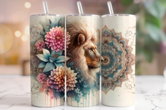 Mandala Lion Tumbler Wrap, Floral Lion Tumbler Wrap PNG Product Image 1