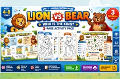 Lion vs Bear Activity Pack for Kids | Printable 3-Page PDF Product Image 1