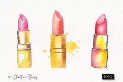 Watercolor Pink & Yellow Lipstick Clipart | Watercolor PNG Product Image 1