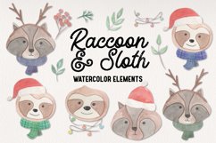 Fun Raccoon Sloth Watercolor Elements Clipart Christmas Product Image 1