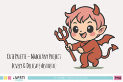 Chibi devil boy smiling with trident, cute Halloween character design.