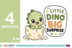 Baby dinosaur inside a spotted egg with Little Dino Big Surprise lettering
