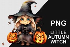 Little Halloween autumn witch with two pumpkin. PNG clip art
