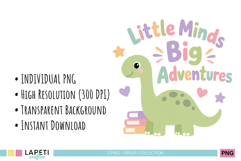 Little Minds Big Adventures design with dinosaur, books, hearts and stars