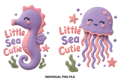 Little Sea Cutie PNG designs featuring a pastel seahorse and jellyfish for children’s clothing